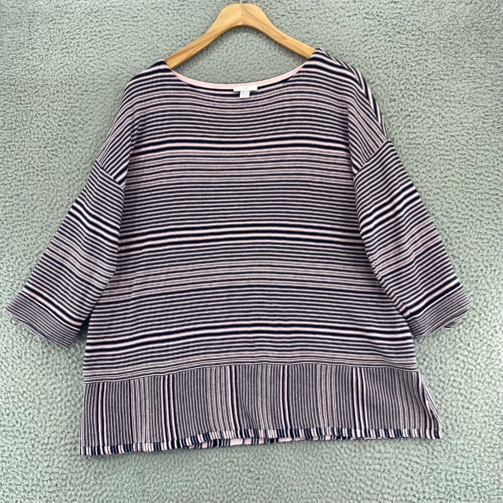 J Jill Top Womens Medium Pink Navy Striped Knit 3/4 Sleeve Cuff Pullover Stretch